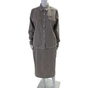 Muze Womens Houndstooth Long Sleeve Button Up Blouse + Skirt Set Beige Size M